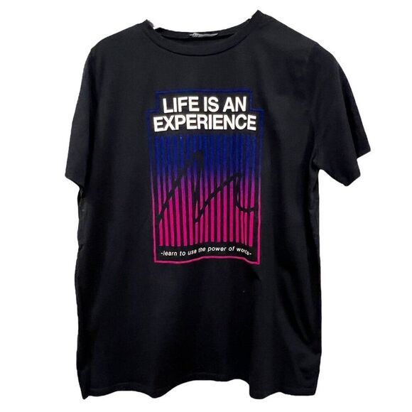 Zara Women Size L Black T-Shirt Life is an Experience Short Sleeve - Picture 1 of 4